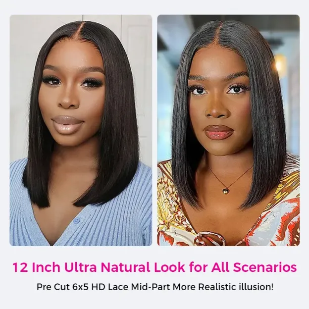 Pull Go Drawstring Bone Straight Bob 6×5 HD Lace Double Drawn Wig Middle/Side Part Vietnamese Hair