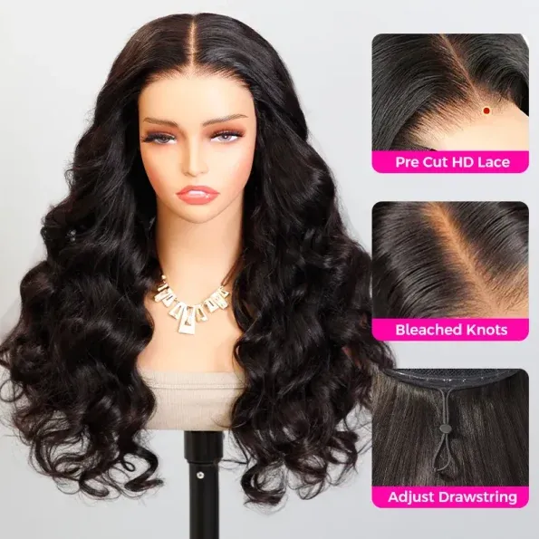 Pull Go Glueless Loose Body Wave 6×5 13×6 HD Lace Drawstring Human Hair Wig Pre Bleached Knots