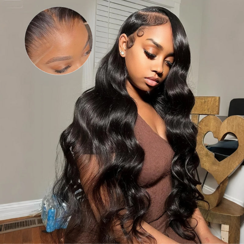 Onimehair™300% Density Glueless 3D Body Wave 7x5 / 13x4 HD Transparent Lace Pull And Go Invisible Drawstring Human Hair Wigs With Natural Hairline