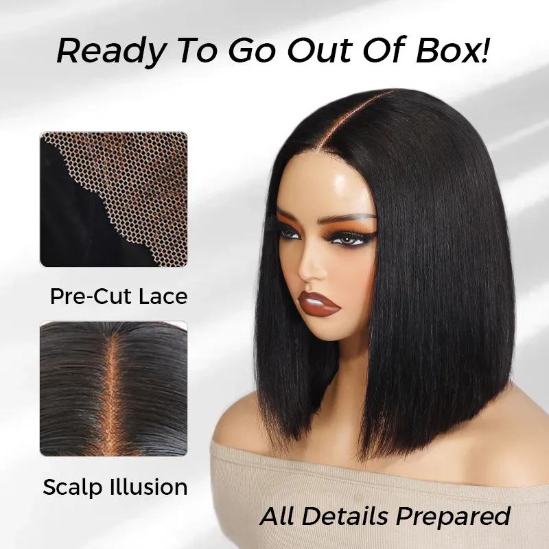 Sleek Bone Straight Bob 2×6 HD Lace Glueless Blunt Cut Middle Part Wig Super Double Drawn Hair Quality
