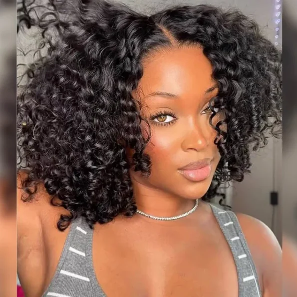 Bouncy Water Wave Short Human Hair Glueless Wig 6×5 Lace Pull Go Drawstring 200% Density