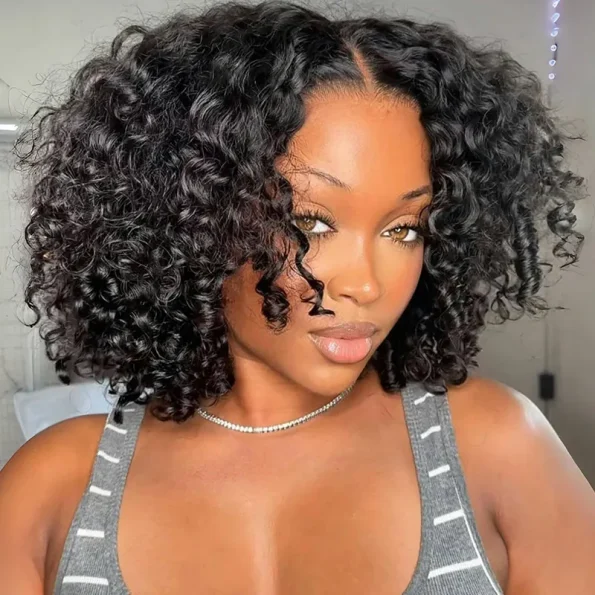 Bouncy Water Wave Short Human Hair Glueless Wig 6×5 Lace Pull Go Drawstring 200% Density