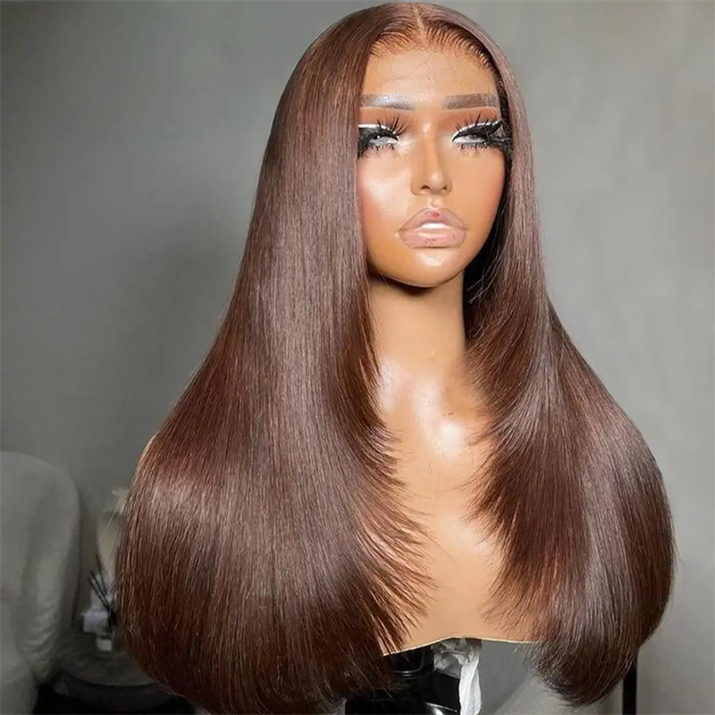 Onime Chocolate Brown Glueless Straight Layered Cut 5x5 13x6 Lace Front Human Hair Wigs