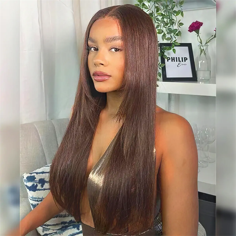 Onime Chocolate Brown Glueless Straight Layered Cut 5x5 13x6 Lace Front Human Hair Wigs