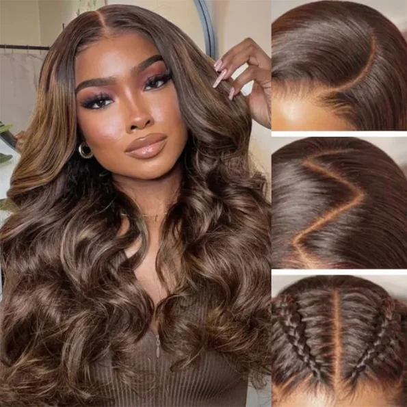 Ombre Brown Highlight Human Hair Pull Go Drawsting 6×5 Lace Glueless Wig With Blonde Color