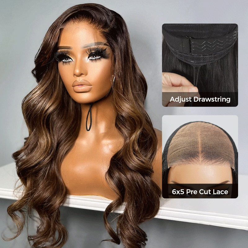 Ombre Brown Highlight Human Hair Pull Go Drawsting 6×5 Lace Glueless Wig With Blonde Color
