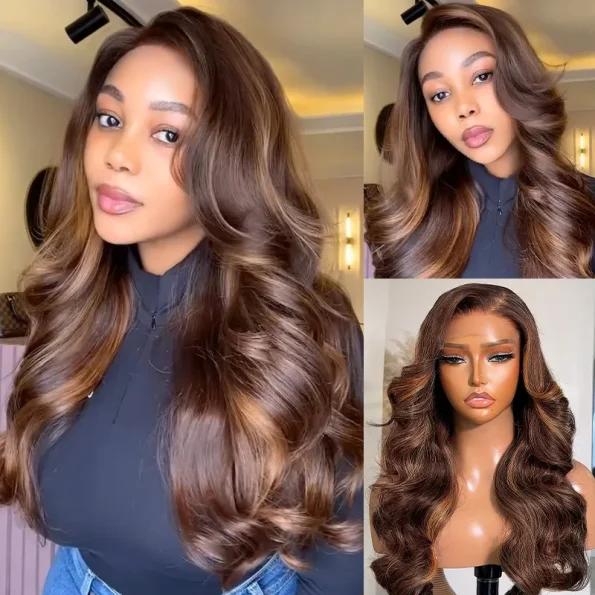 Ombre Brown Highlight Human Hair Pull Go Drawsting 6×5 Lace Glueless Wig With Blonde Color