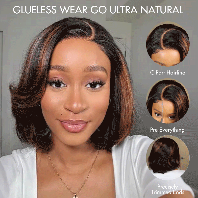 Brown/Blonde Highlight Color Layered Cut 5×5 Lace Bob C Side Part Wear & Go Glueless Closure Wig - Onime Hair