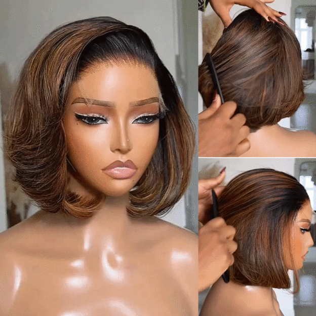 Brown/Blonde Highlight Color Layered Cut 5×5 Lace Bob C Side Part Wear & Go Glueless Closure Wig - Onime Hair