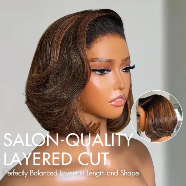 Brown/Blonde Highlight Color Layered Cut 6×5 Lace Bob C Side Part Wear & Go Glueless Closure Wig