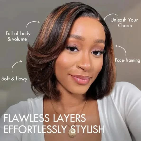 Brown/Blonde Highlight Color Layered Cut 5×5 Lace Bob C Side Part Wear & Go Glueless Closure Wig - Onime Hair