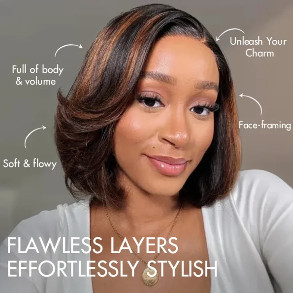 Brown/Blonde Highlight Color Layered Cut 6×5 Lace Bob C Side Part Wear & Go Glueless Closure Wig