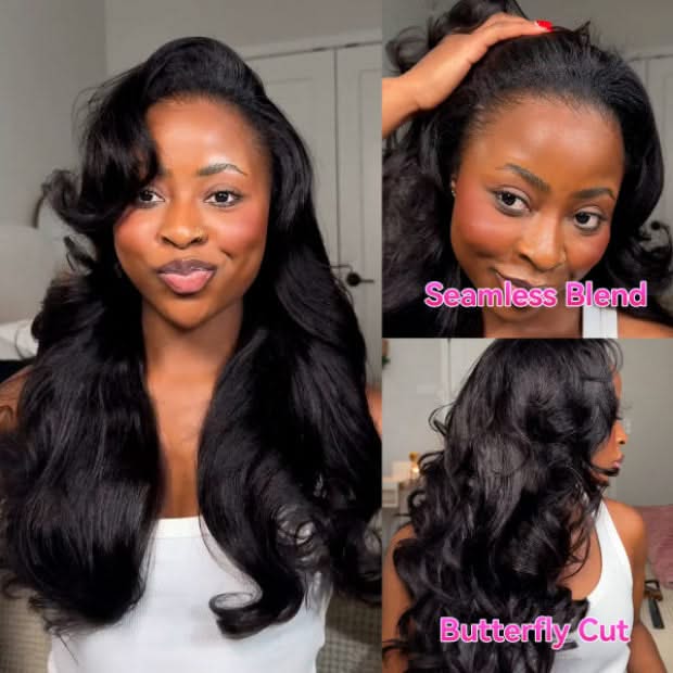 Pre Styled Butterfly Cut Layered Yaki Body V Part Human Hair Wigs With Drawstring 250% Density - Onime Hair