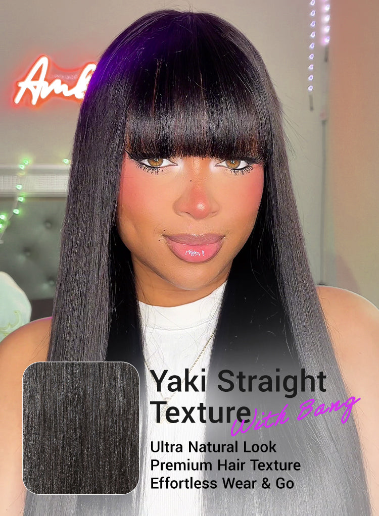Breathable Cap Yaki Straight Ultra Natural Minimalist Lace Long Wig with Bangs-07