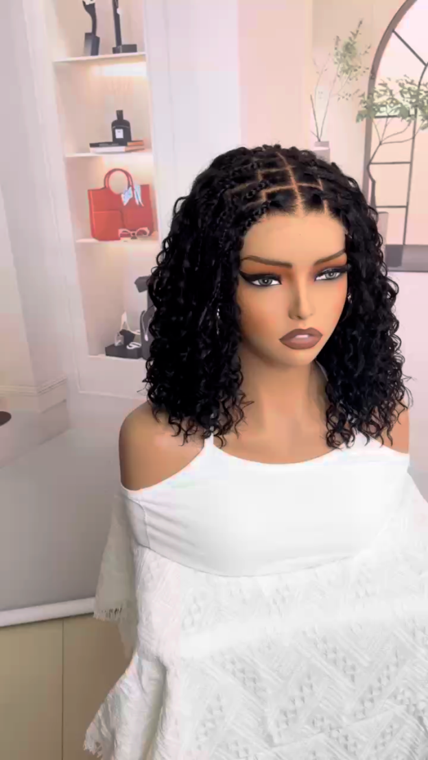 Exclusive Deal | HD Full Lace Knotless Boho Curls Braided Bob Wig Flexi Fit Invisi Drawstring Cap