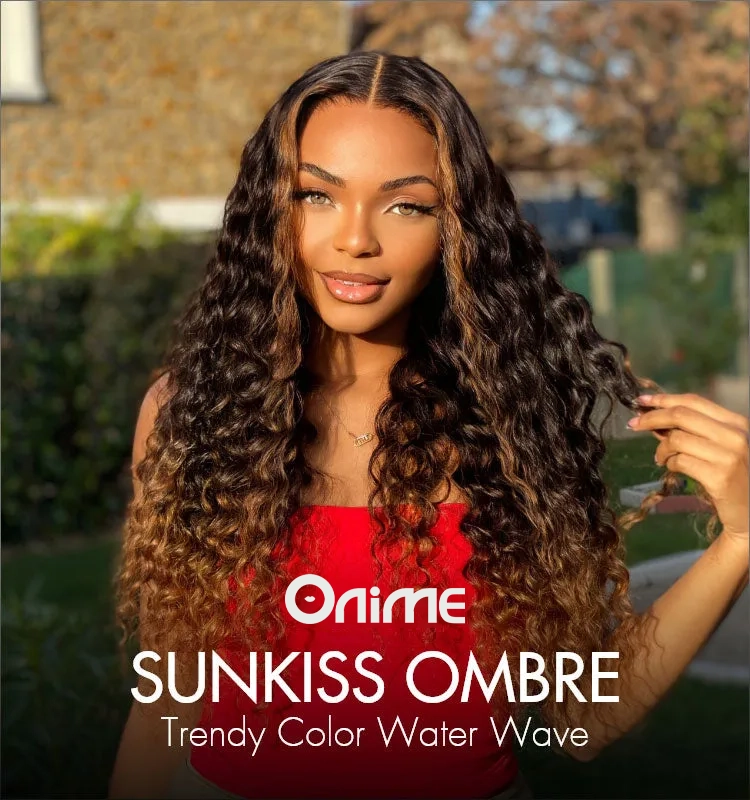 Fluffy Brown Ombre Highlights Water Wave Glueless 5x5 Closure HD Lace Long Curly Wig Breathable Cap-01