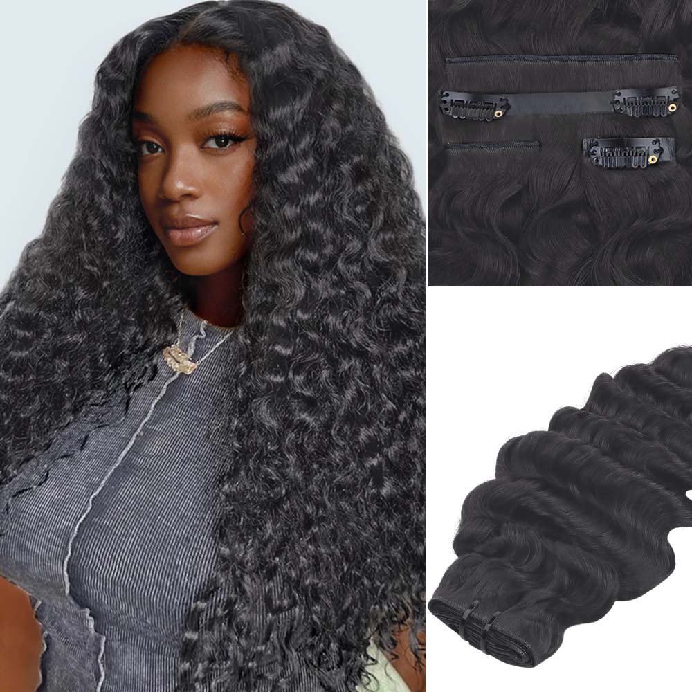 Onime Genius Seamless Clip in Hair Extensions Deep Wave Real Human Hair