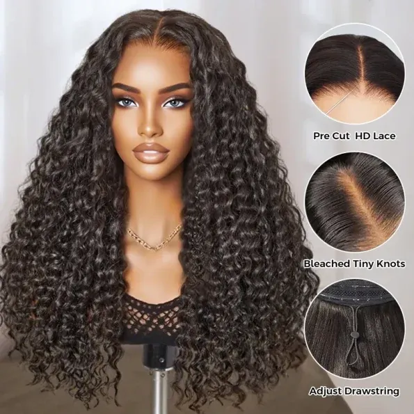 Deep Wave Pull Go Drawstring Glueless 6×5 13×6 HD Lace Closure Human Hair Wig Pre Bleached Knots