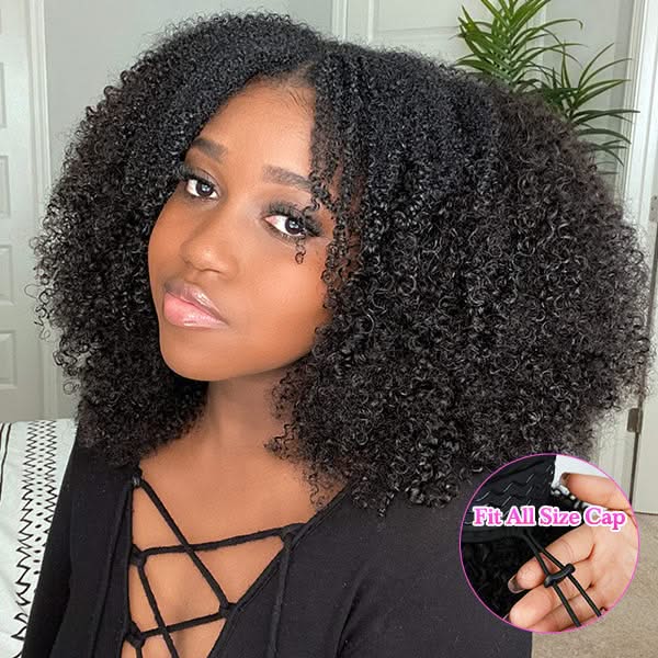 Glueless Wigs V Part Afro Curly Wig No Leave Out Thin Part Human Hair Wig With Drawstring Beginner Friendly - Onime Hair