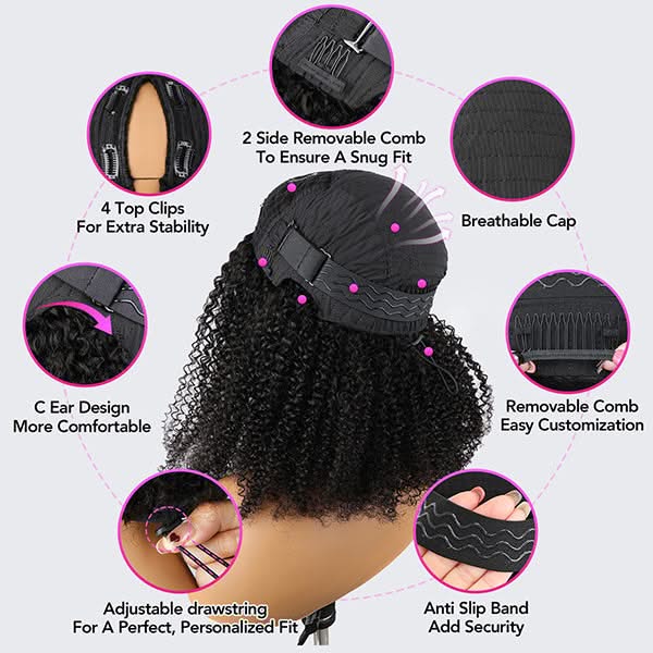 Glueless Wigs V Part Afro Curly Wig No Leave Out Thin Part Human Hair Wig With Drawstring Beginner Friendly - Onime Hair