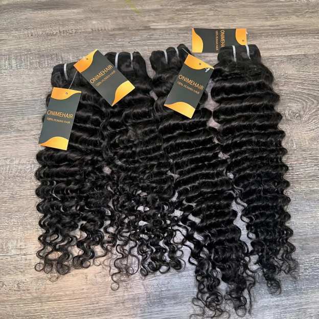 10A Grade Deep Curly Wave Bundles of 100% Human Virgin Hair Extensions in rich, bouncy curls.