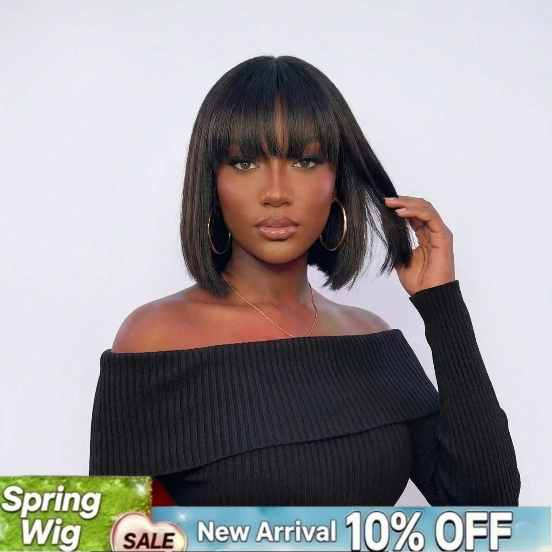 Realistic glueless Yaki straight bob wig with bangs, 100% human hair, minimalist lace, easy to wear, by mysite.
