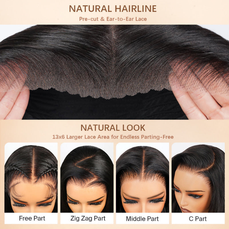 Onimehair™300% Density Glueless 3D Body Wave 7x5 / 13x4 HD Transparent Lace Pull And Go Invisible Drawstring Human Hair Wigs With Natural Hairline