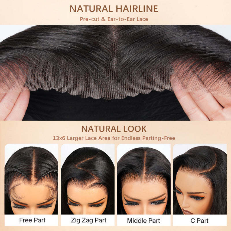 Onimehair™300% Density Glueless 3D Body Wave 7x5 / 13x4 HD Transparent Lace Pull And Go Invisible Drawstring Human Hair Wigs With Natural Hairline