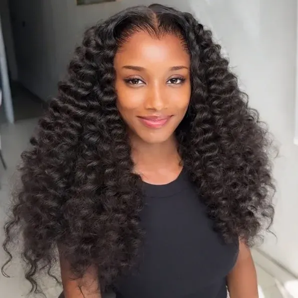 Spiral Deep Curl Fluffy Style Glueless Human Hair Wig Pre Bleached & Plucked Pull Go Drawstring