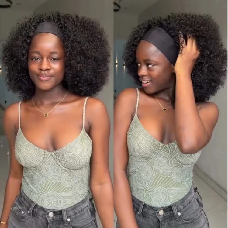 Afro kinky curly headband wig in natural black, showcasing bouncy curls and a glueless design for easy wear.