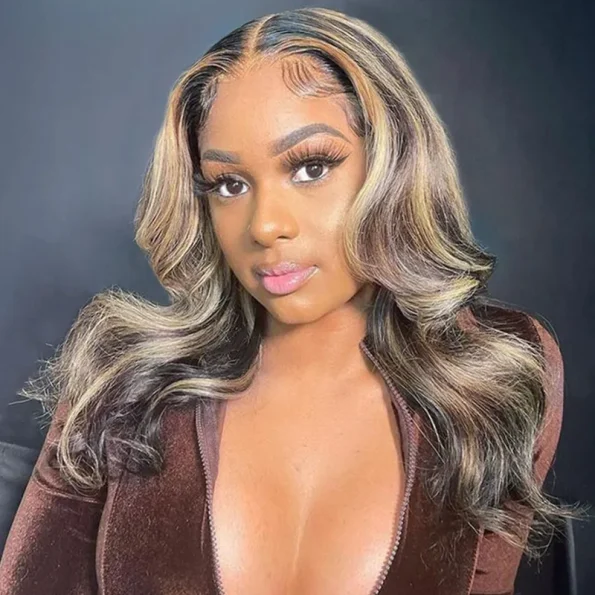 Blonde Highlight Loose Body Wave Glueless 6×5 Closure Pre-Cut Lace Wig Balayage Color 200% Density