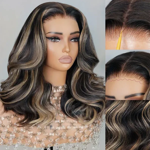Blonde Highlight Loose Body Wave Glueless 6×5 Closure Pre-Cut Lace Wig Balayage Color 200% Density