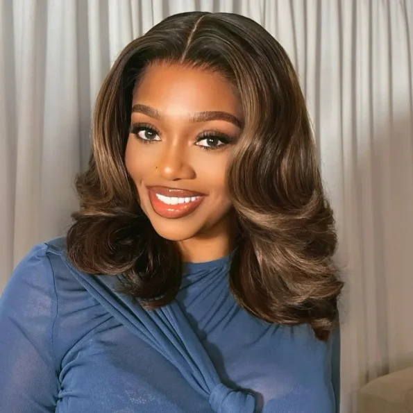 Ombre Brown Highlight Color Loose Wave Wig Butterfly Layered Cut 6×5 Glueless Wig 200% Density