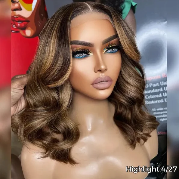 Highlight Color Short Loose Body Wave 6×5 HD Lace Glueless Wig Brown With Blonde 4/27 100% Human Hair