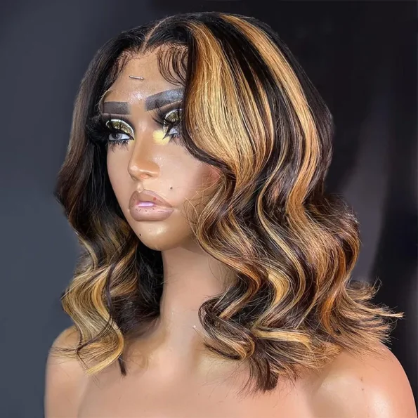 Short Loose Body Wave Glueless 6×5 Lace Wig Bouncy Curls Highlight 4/27 Honey Blonde Color
