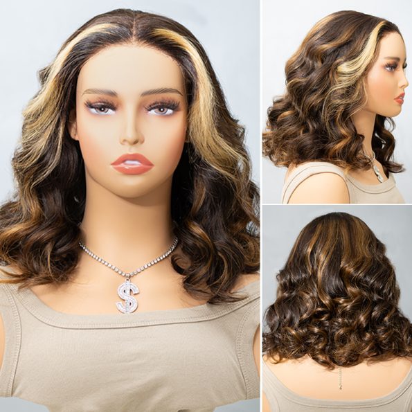Brown Mix Blonde Highlight Short Loose Body Wave Glueless 6×5 Lace Wig Pre Everything