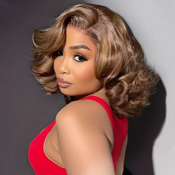 Honey Blonde Highlight Bouncy Loose Wave Short Wig Glueless 6×5 HD Lace Wig Wear Go 200% Density