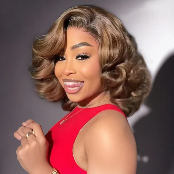 Honey Blonde Highlight Bouncy Loose Wave Short Wig Glueless 6×5 HD Lace Wig Wear Go 200% Density