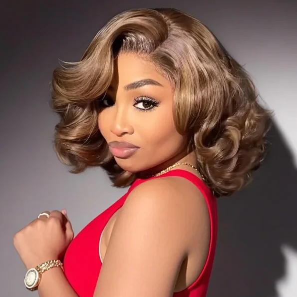 Honey Blonde Highlight Bouncy Loose Wave Short Wig Glueless 6×5 HD Lace Wig Wear Go 200% Density