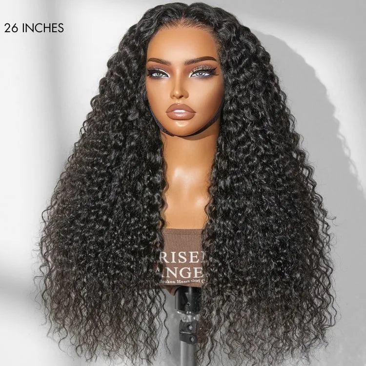 Onimehair Water Wave Glueless 13x4 Frontal Lace Wig with fluffy curly texture and pre-cut lace, featuring a flexible fit and 250% density.
