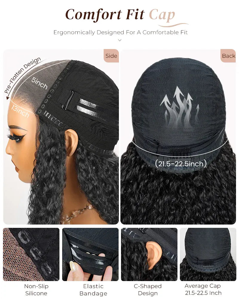 MySite water wave glueless flexi-fit 13x4 frontal lace wig with fluffy curly texture and pre-cut lace for natural styling.