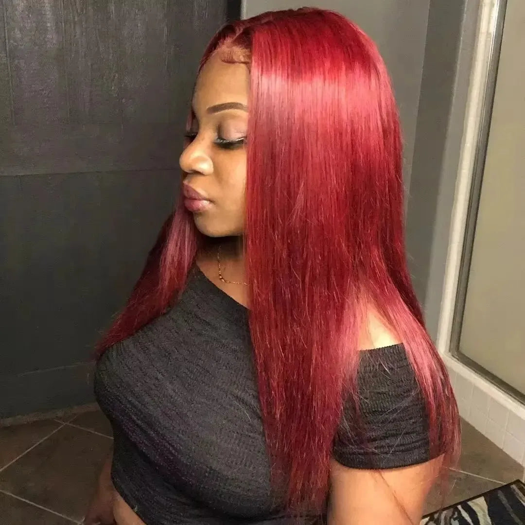 Onime Hair 99J straight wig with 250% density, 13x4 HD lace, glueless design, pre-cut lace, and baby hairs.