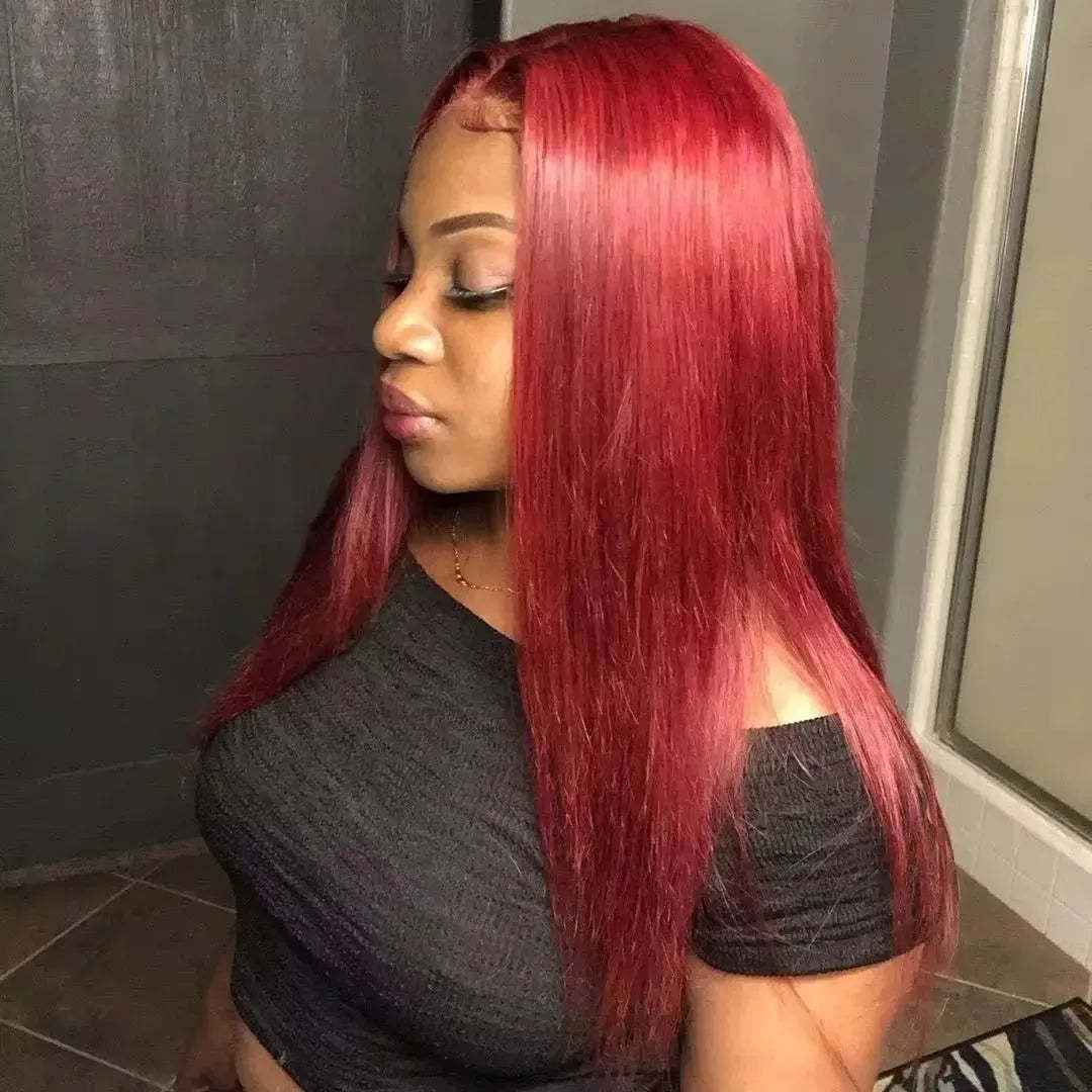 Onime Hair 99J straight wig with 250% density, 13x4 HD lace, glueless design, pre-cut lace, and baby hairs.