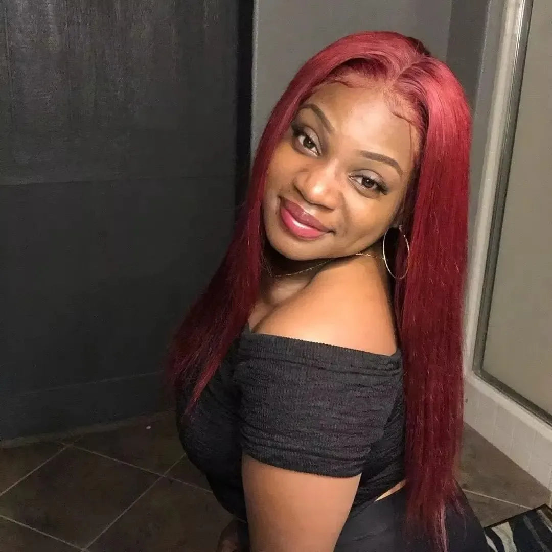 Onime Hair 99J straight wig with 250% density, 13x4 HD lace, glueless, pre-cut lace, and baby hair showing natural hairline