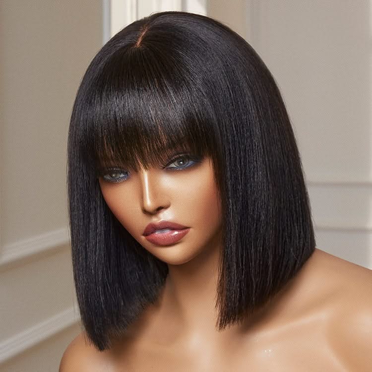 Put On and Go Realistic Yaki Straight Bob with Bangs lace wig by mysite, featuring 100% human hair and minimalist design.