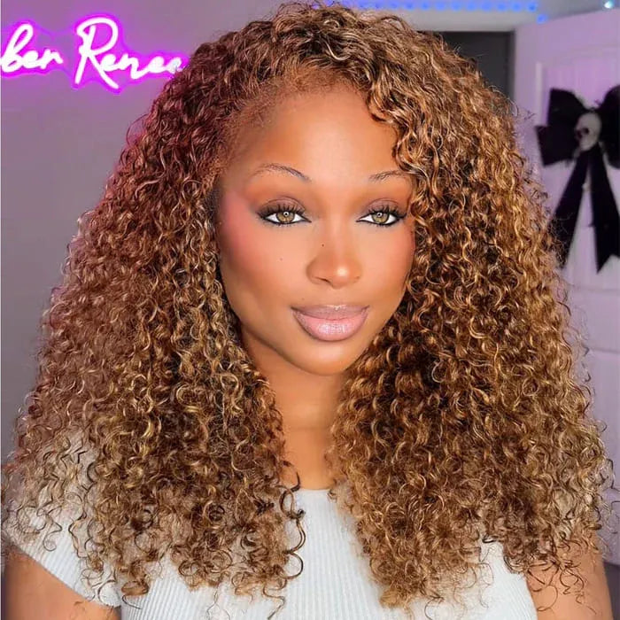 Onime Hair 4C Edges curly wig with natural hairline, human hair, 220% density, glueless style, showcasing curly texture and hairline detail.