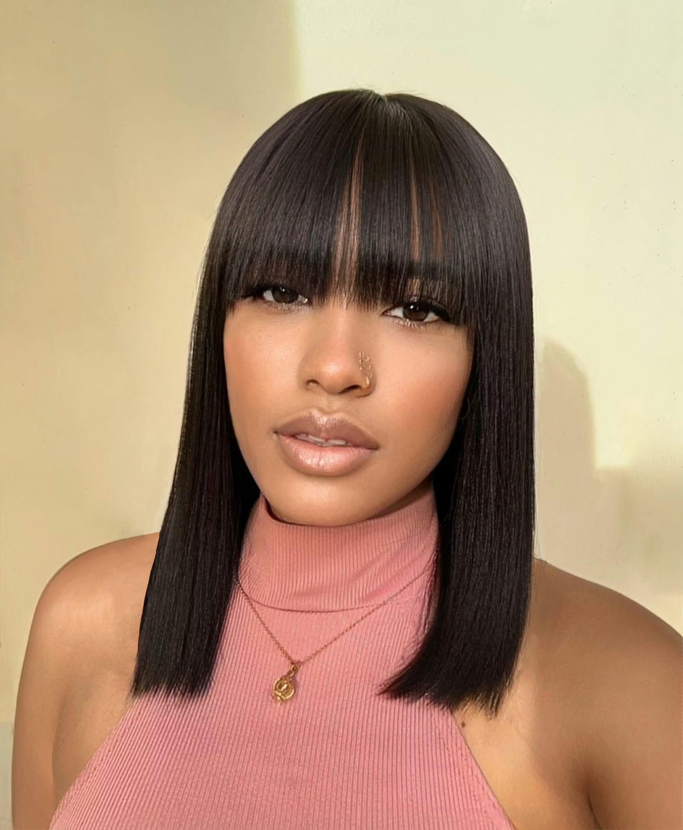 Realistic put on and go Yaki straight bob lace wig with bangs, 100% human hair, minimal lace, by mysite.