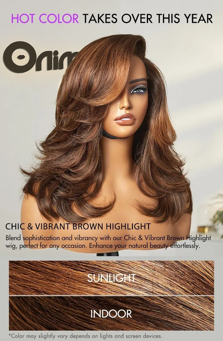 Onimehair™Effortlessly Chic Pre-Layered Cut Brown Highlight Glueless Minimalist HD Lace Shoulder Length Wig