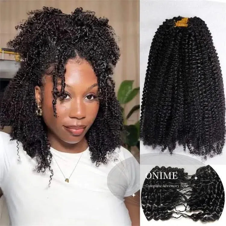 Afro curly crochet hair by Onime Hair, pre-separated feather-soft raw human hair in natural black, displayed in a close-up shot.