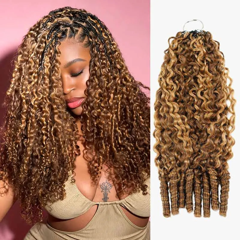 Onimehair 16A Burmese curly feather crochet hair extensions in #P4/27 highlights, soft pre-looped human hair for women.